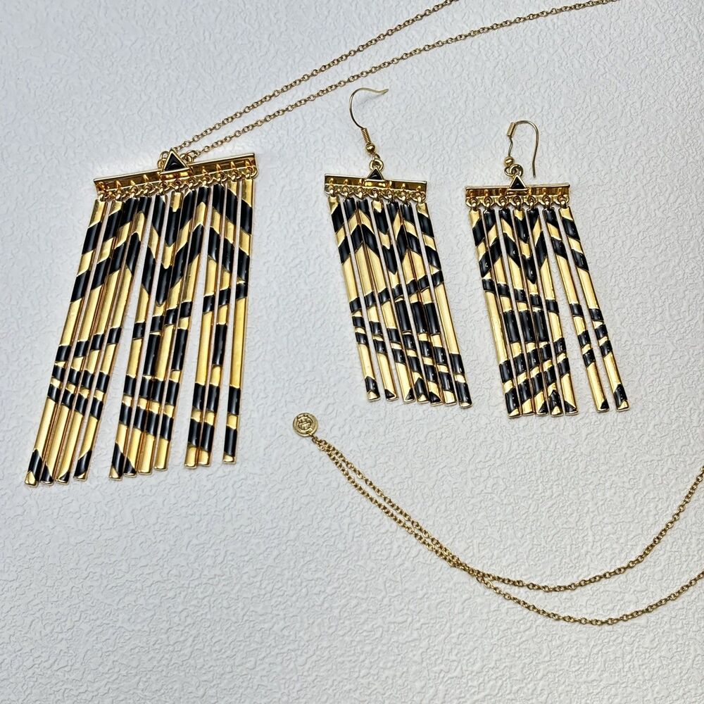 House of Harlow 1960 14K YGP Black Enamel Fringe Statement Necklace Earrings Set